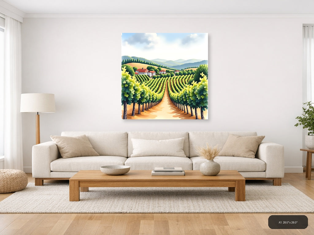 Tuscan Vineyard Watercolor Landscape Wall Art — A1 / Living Room