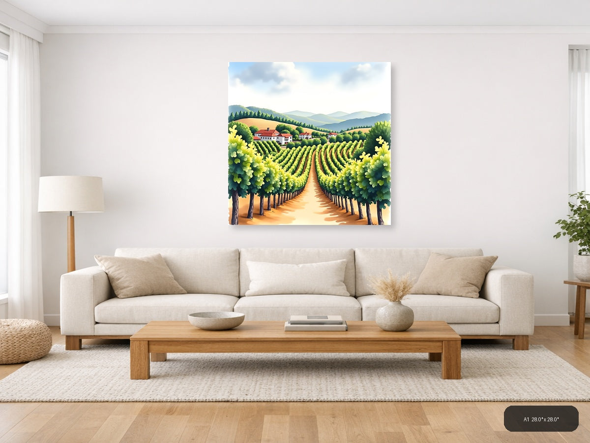 Tuscan Vineyard Watercolor Landscape Wall Art — A1 / Living Room