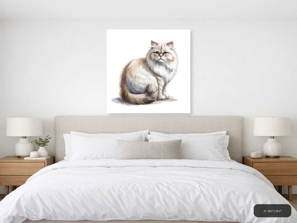 Fluffy White Cat with Blue Eyes Minimalist Wall Art — A1 / Bedroom