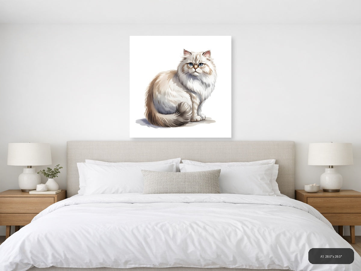 Fluffy White Cat with Blue Eyes Minimalist Wall Art — A1 / Bedroom