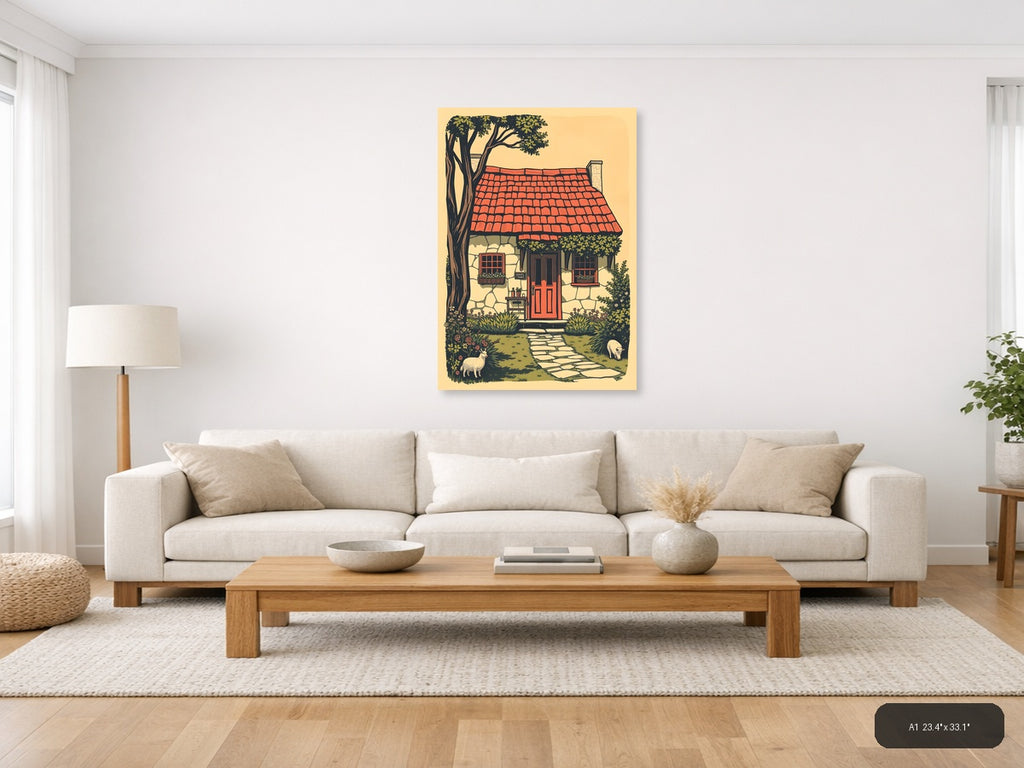 Vintage Cottage with Red Roof and Tree Wall Art — A1 / Living Room