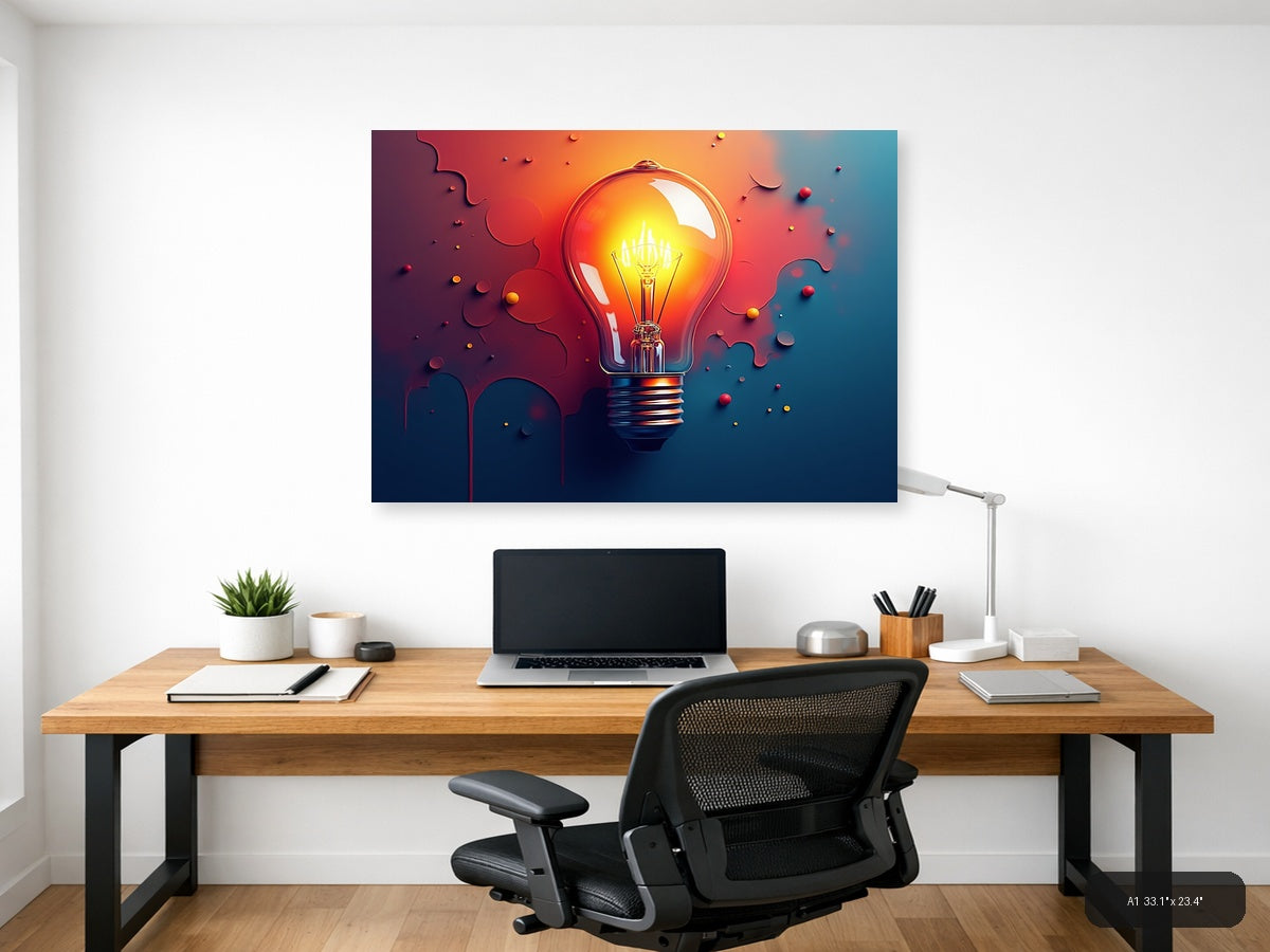 Glowing Lightbulb Abstract | Red Orange Blue Gradient Canvas Wall Art — A1 (Office)