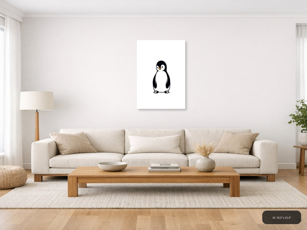 Minimalist Penguin Portrait Black and White Wall Art — A2 / Living Room