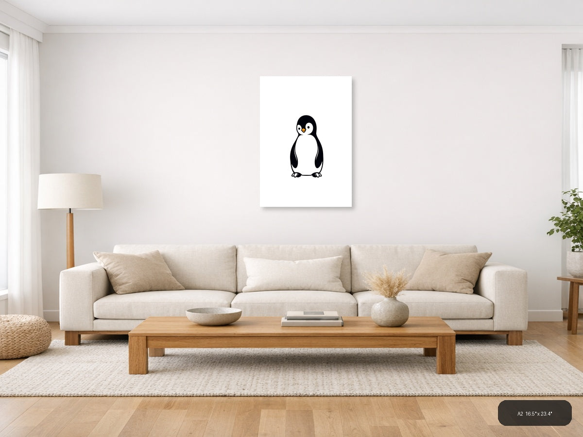 Minimalist Penguin Portrait Black and White Wall Art — A2 / Living Room