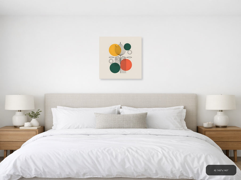 Abstract Botanical Line Art with Geometric Circles Wall Art — A3 / Bedroom