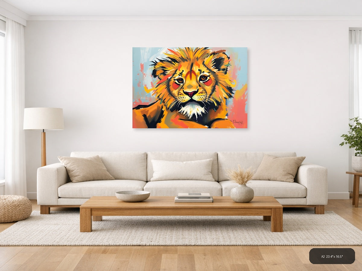 Abstract Lion Portrait - Vibrant Orange Wall Art — A2 / Living Room