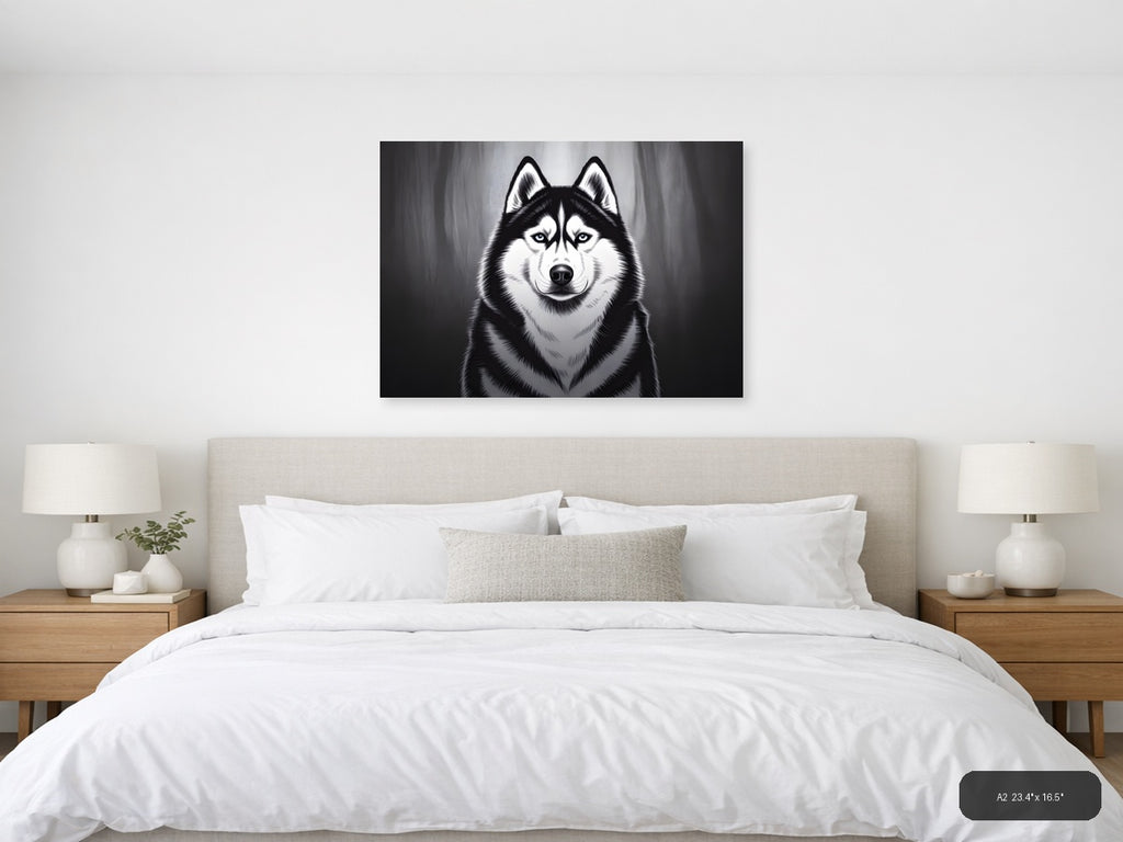 Striking Husky Portrait Black and White Photography Wall Art — A2 / Bedroom
