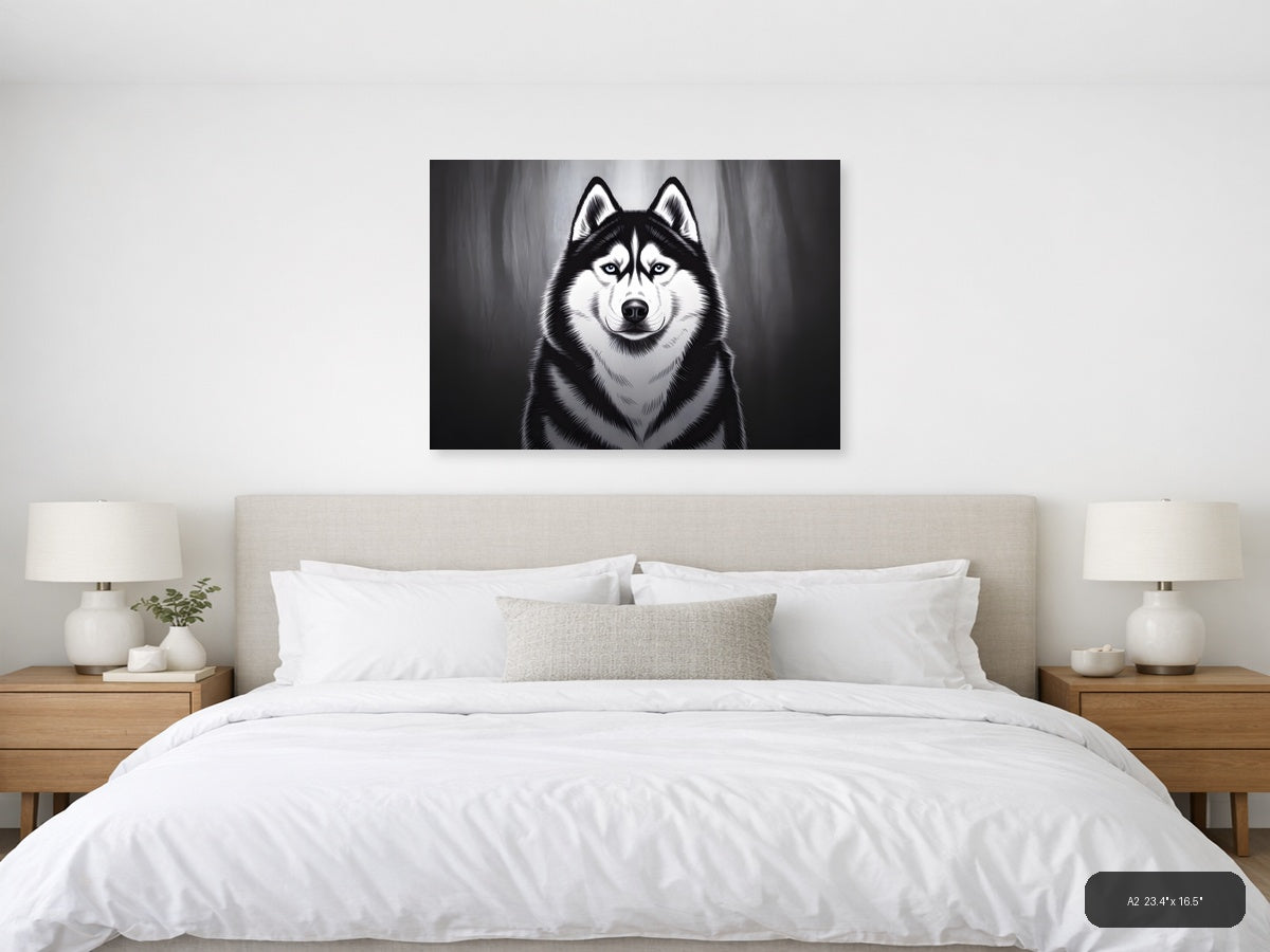 Striking Husky Portrait Black and White Photography Wall Art — A2 / Bedroom