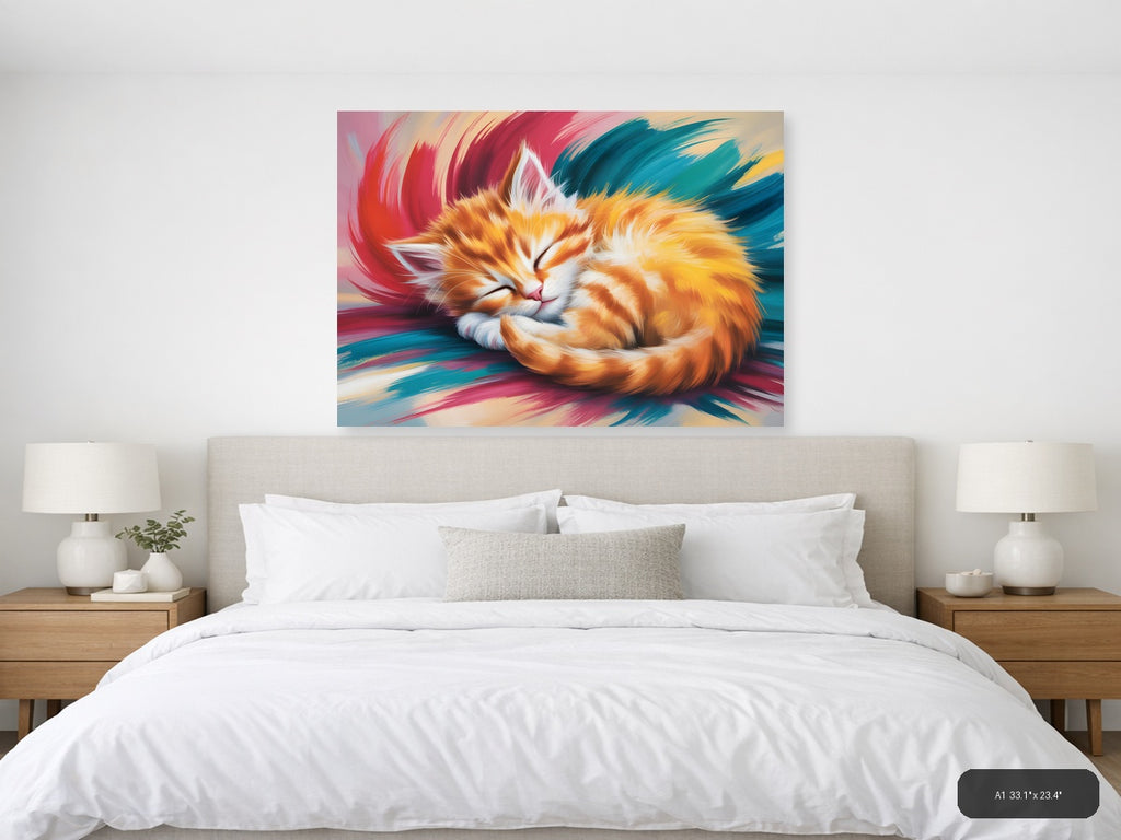 Sleeping Ginger Cat Abstract Brushstroke Wall Art — A1 / Bedroom