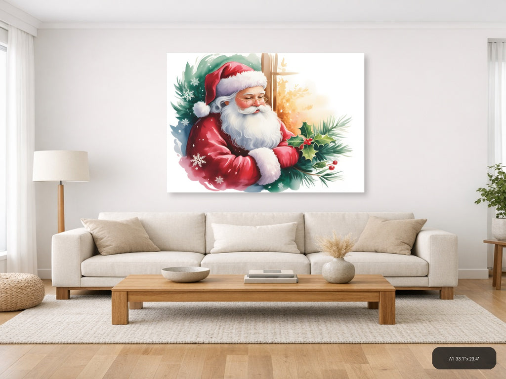 Santa Claus with Holly & Snowflakes Watercolor Wall Art — A1 / Living Room
