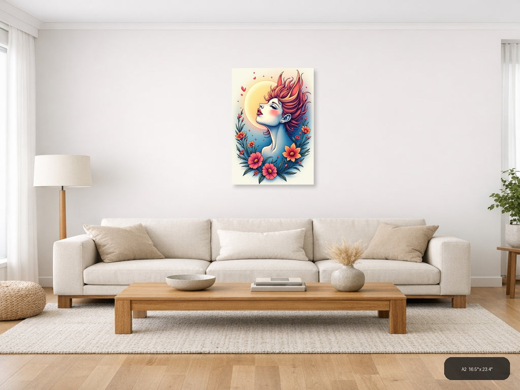 Colorful Woman Portrait with Flowers Line Art Wall Art — A2 / Living Room