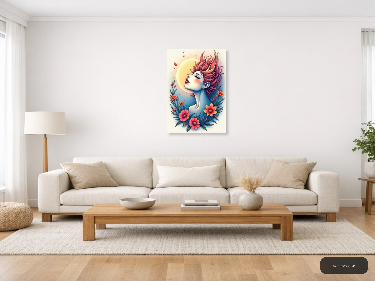 Colorful Woman Portrait with Flowers Line Art Wall Art — A2 / Living Room