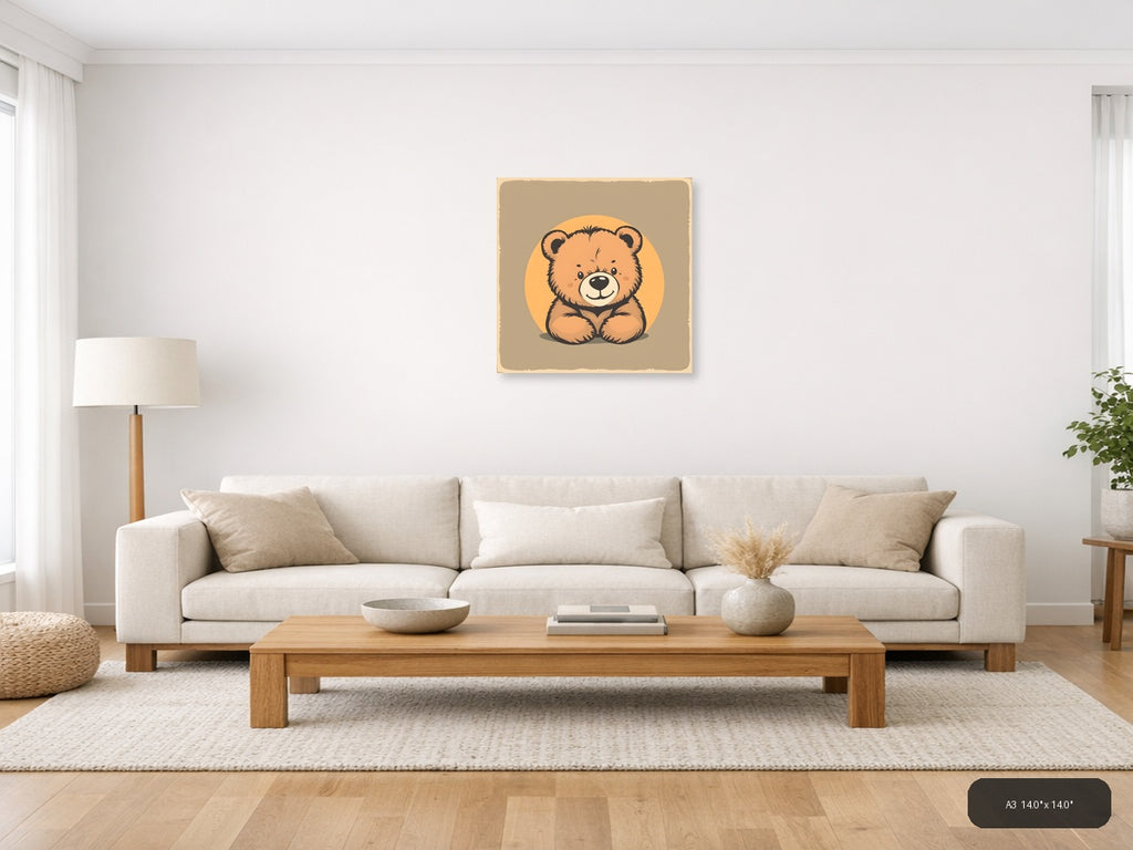 Vintage Cute Teddy Bear Illustration Square Wall Art — A3 / Living Room