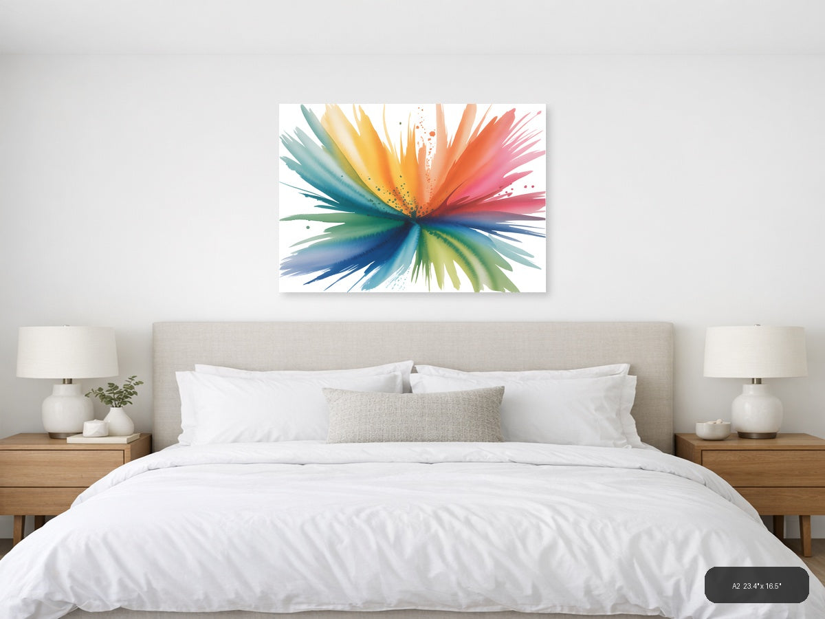Rainbow Watercolor Burst Abstract Splash Wall Art — A2 / Bedroom