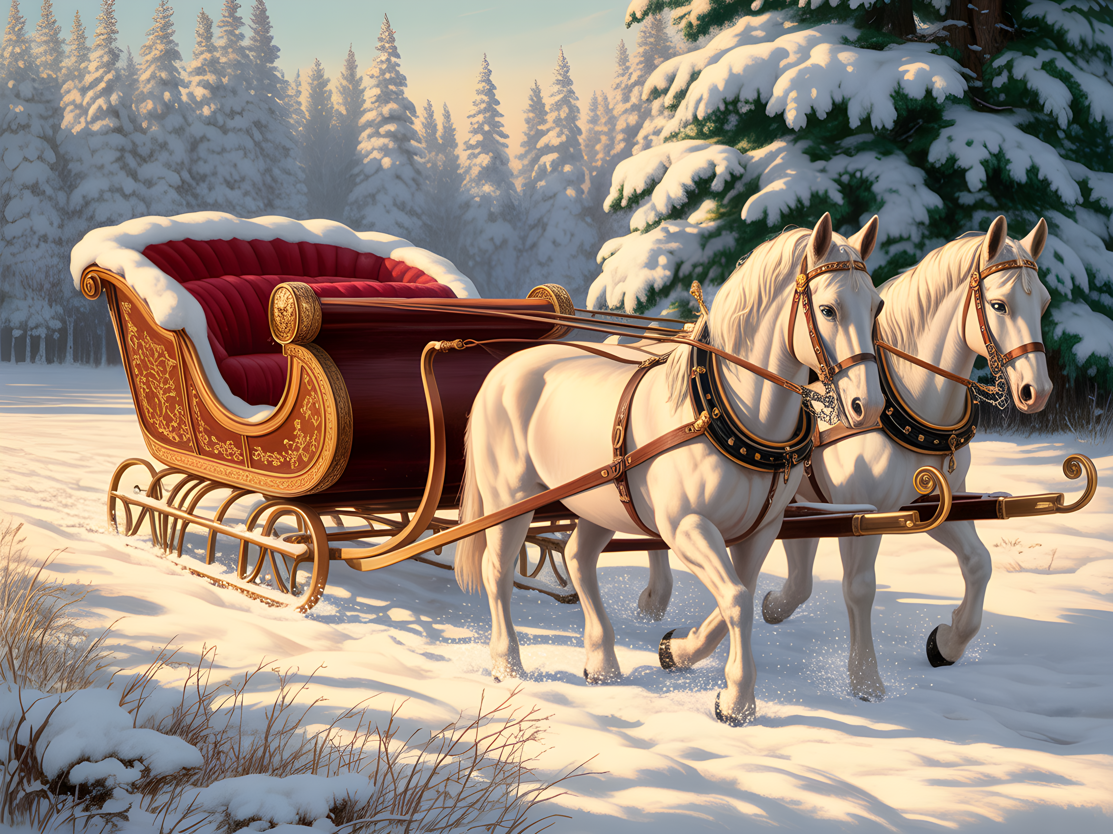 Vintage Christmas Sleigh with White Horses Wall Art