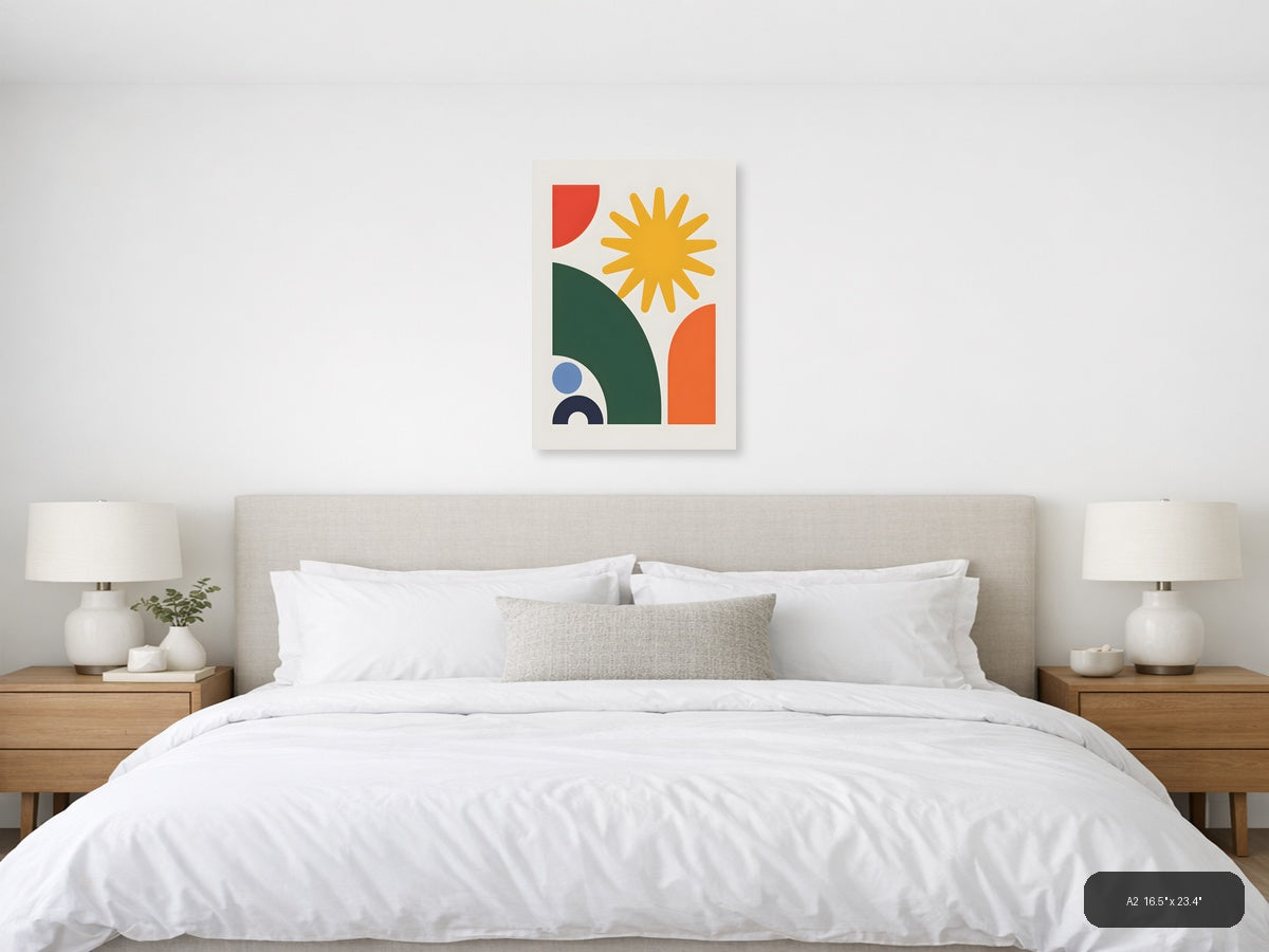 Minimalist Sun & Geometric Shapes Portrait Wall Art — A2 / Bedroom