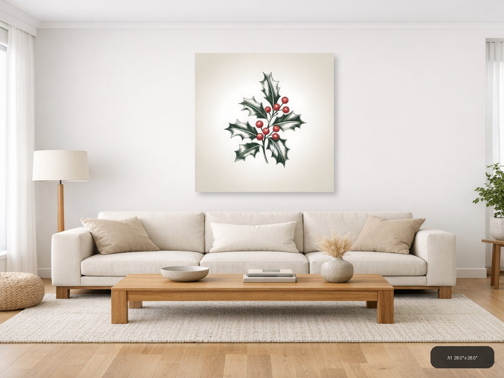 Holly Branch with Red Berries Line Art Wall Art — A1 / Living Room