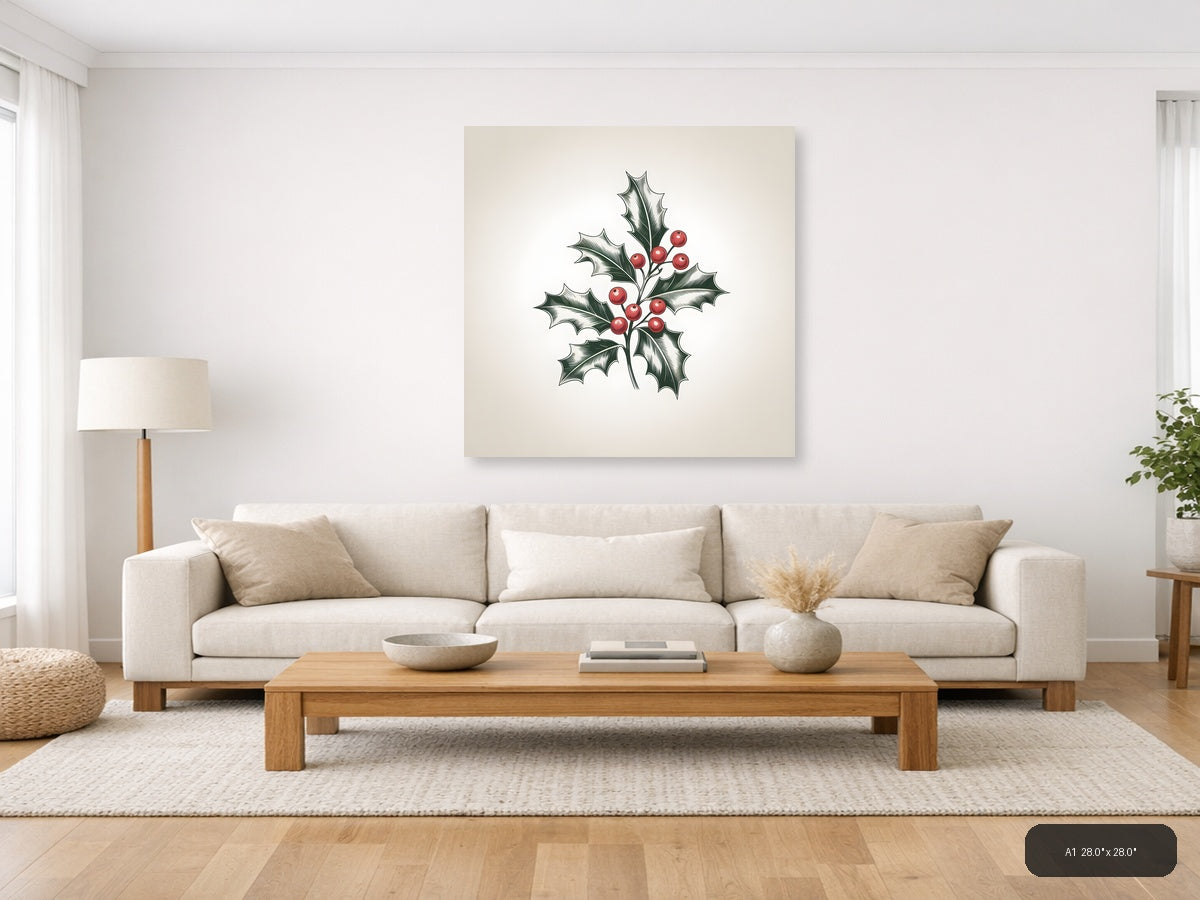 Holly Branch with Red Berries Line Art Wall Art — A1 / Living Room