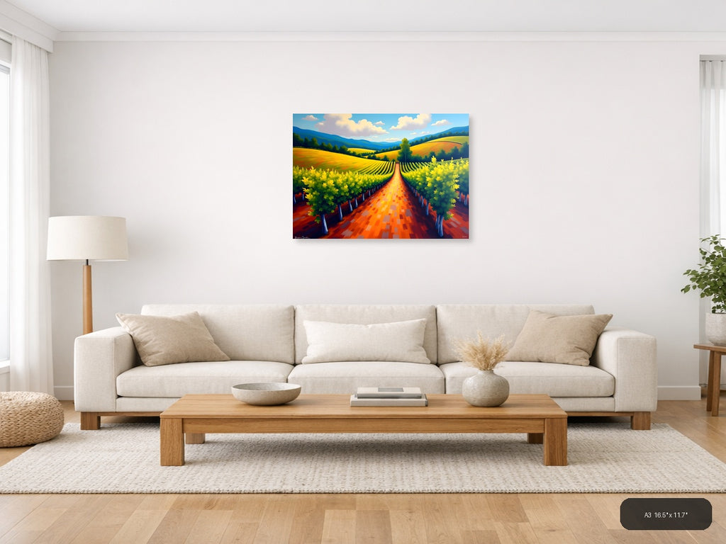Vibrant Vineyard Landscape Abstract Wall Art — A3 / Living Room