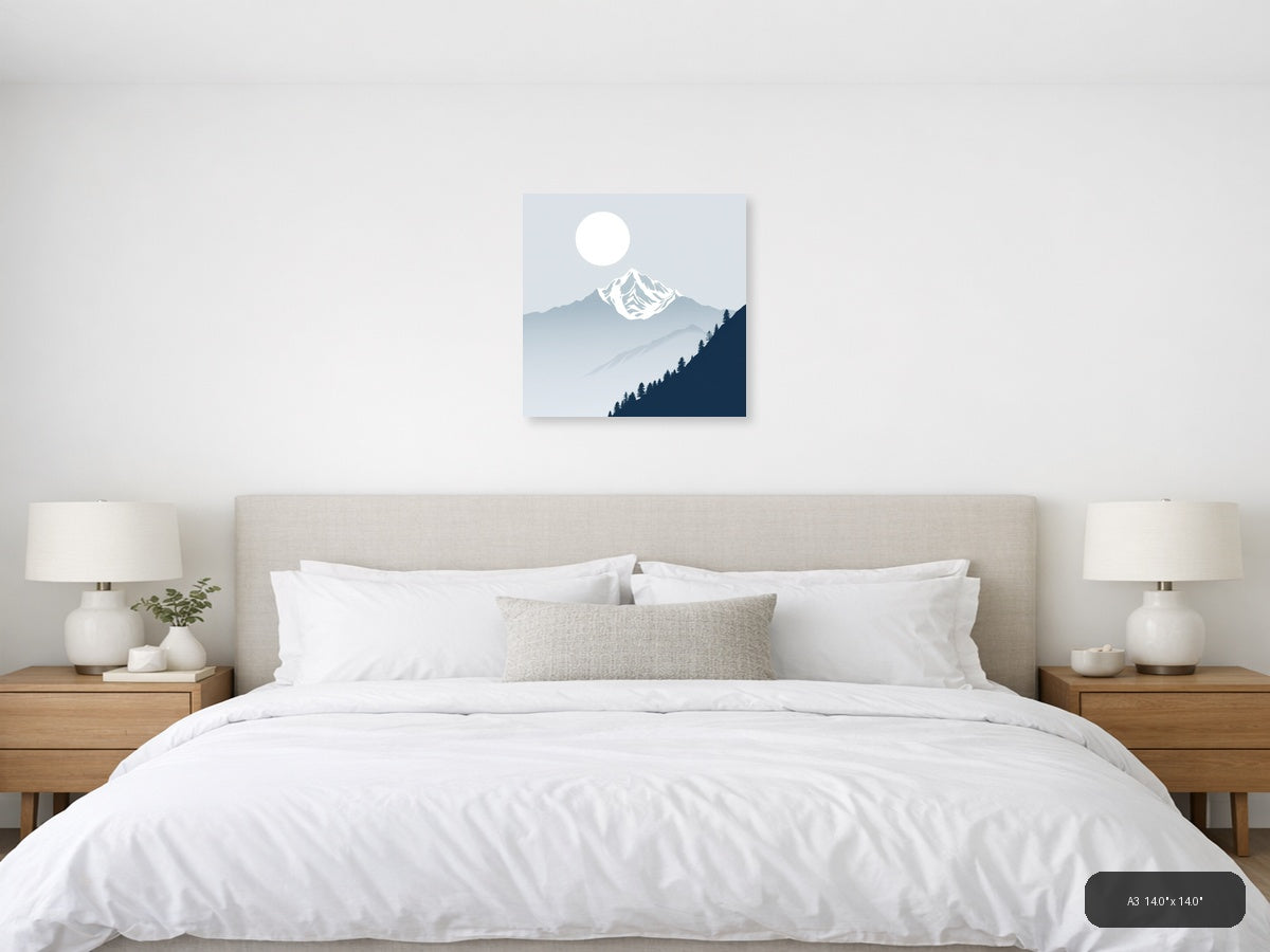 Snow-Capped Mountain Moon Night Sky | Minimalist Landscape Wall Art — A3 (Bedroom)