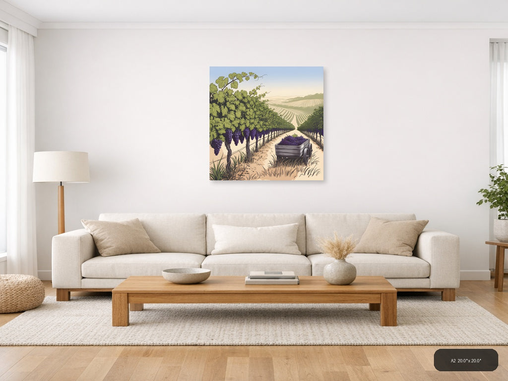 Vineyard Harvest Line Art - Purple Grapes Wine Country Wall Art — A2 / Living Room