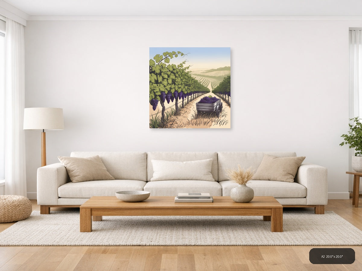 Vineyard Harvest Line Art - Purple Grapes Wine Country Wall Art — A2 / Living Room