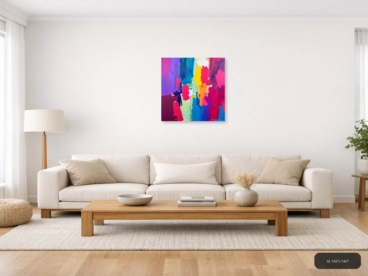 Vibrant Abstract Neon Brushstrokes Square Wall Art — A3 / Living Room