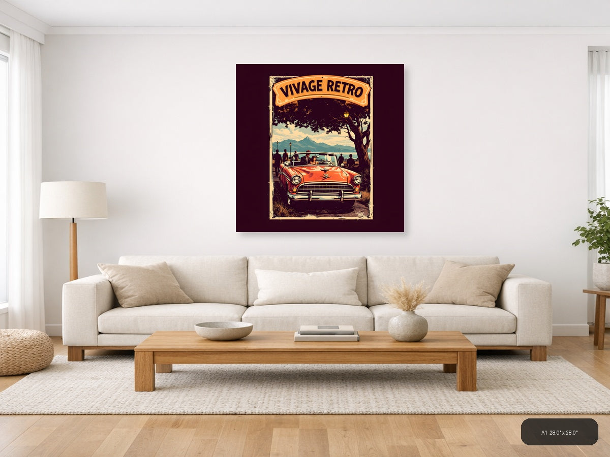 Vintage Retro Classic Car Mountain Landscape Wall Art — A1 / Living Room