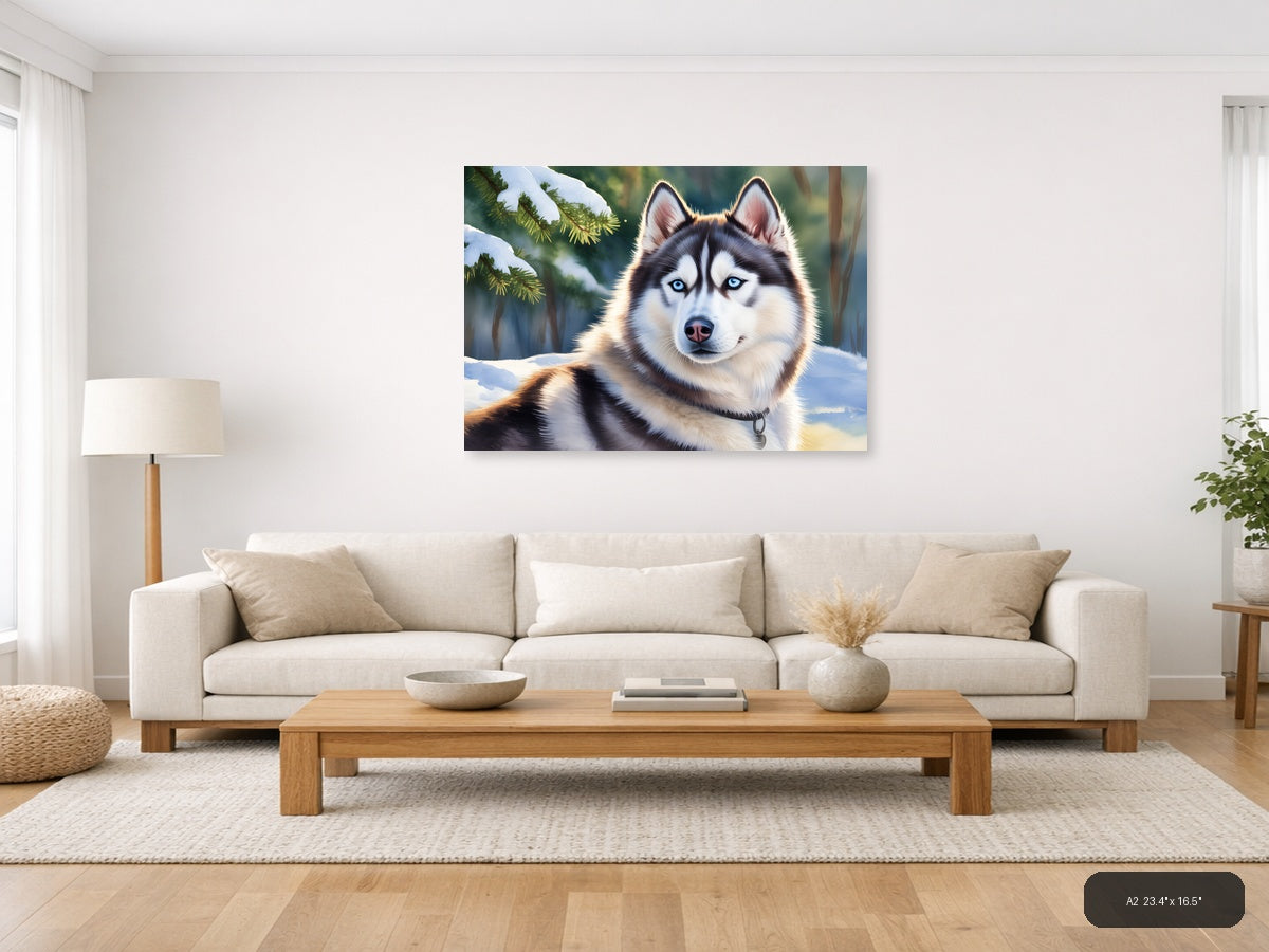 Siberian Husky Blue Eyes Winter Forest Watercolor Wall Art — A2 / Living Room