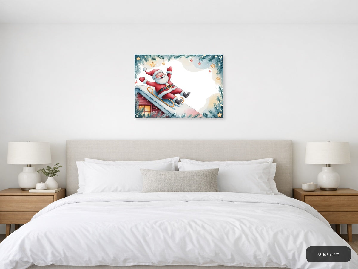 Santa Sledding Watercolor Christmas Wall Art — A3 / Bedroom