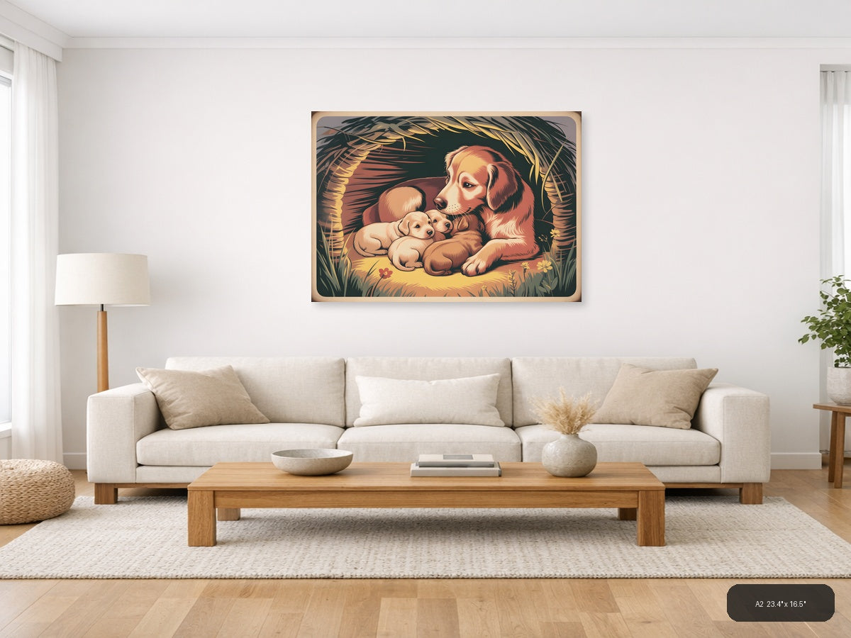 Vintage Mother Dog and Puppies Nest Wall Art — A2 / Living Room