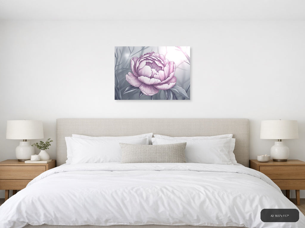 Pink Peony Line Art Illustration Wall Art — A3 / Bedroom