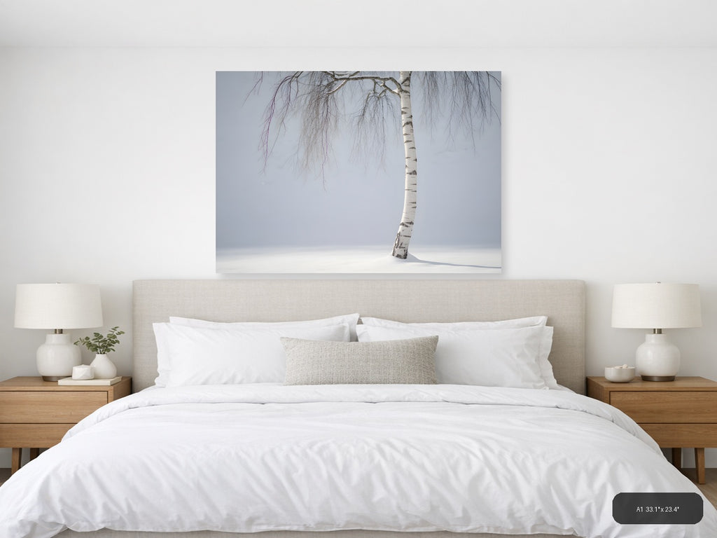 Minimalist Winter Birch Tree in Snow Landscape Wall Art — A1 / Bedroom