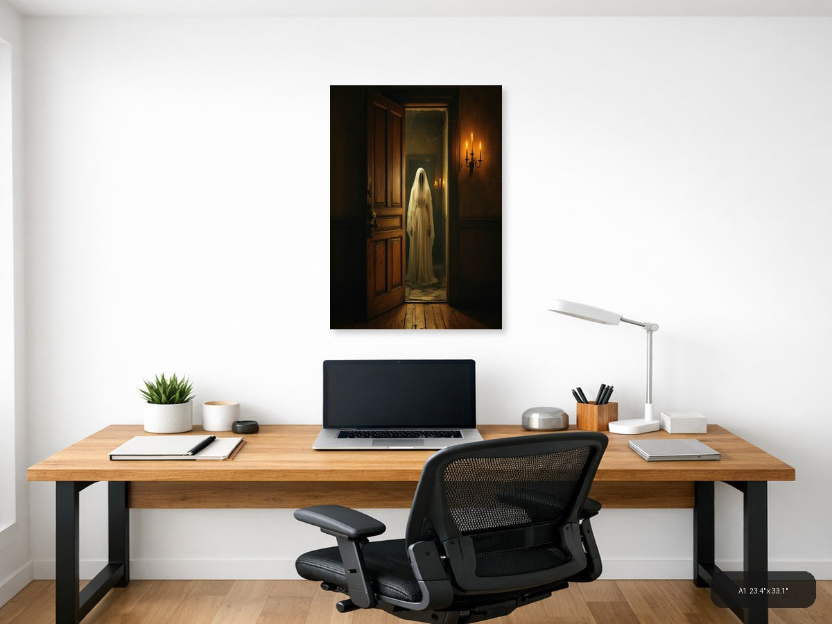 Ghostly Figure in Candlelit Hallway Vintage Wall Art — A1 / Office