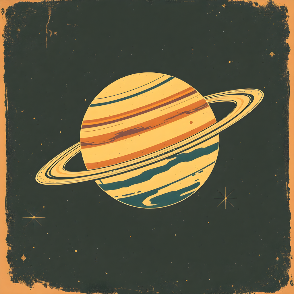 Vintage Saturn Planet Illustration Square Wall Art