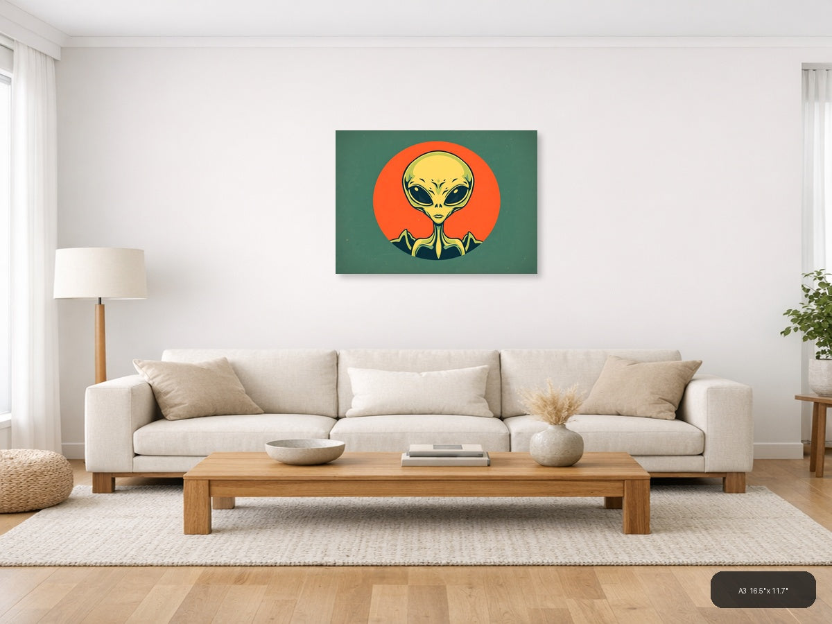 Vintage Alien Head Portrait with Orange Sun Wall Art — A3 / Living Room