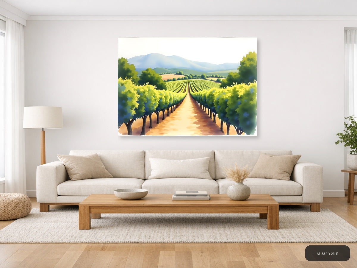 Vineyard Valley Watercolor Landscape Wall Art — A1 / Living Room