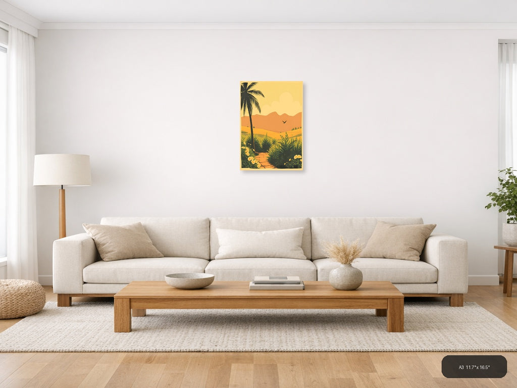 Vintage Desert Landscape with Palm Tree Wall Art — A3 / Living Room