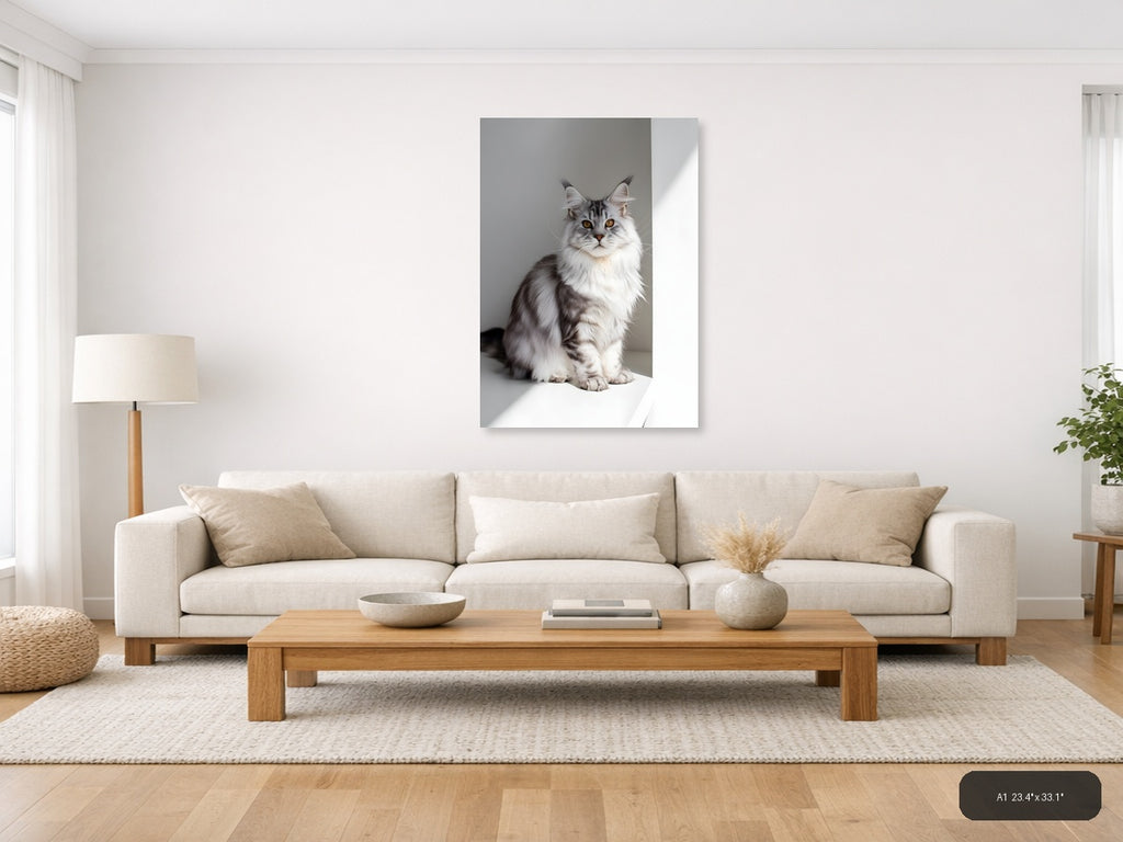 Gray Tabby Cat Portrait Minimalist Wall Art — A1 / Living Room