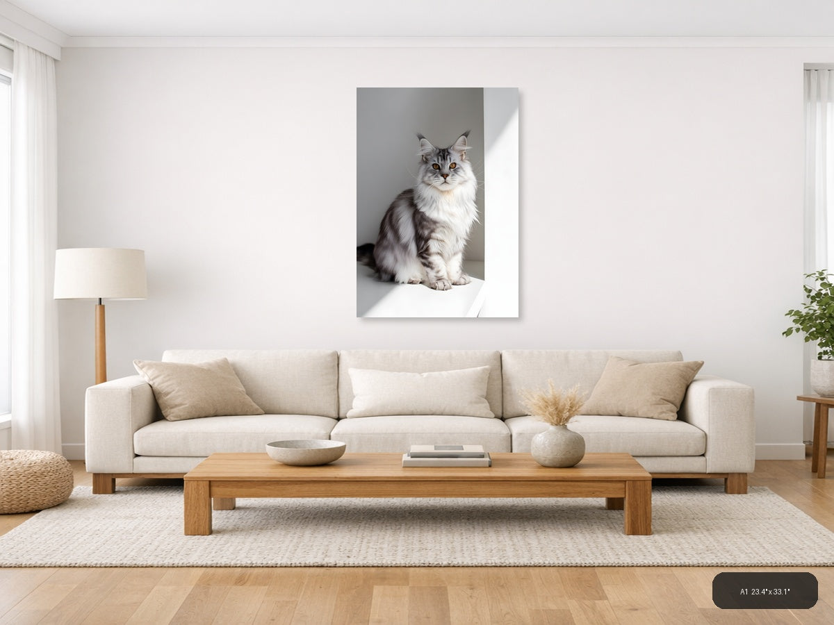 Gray Tabby Cat Portrait Minimalist Wall Art — A1 / Living Room