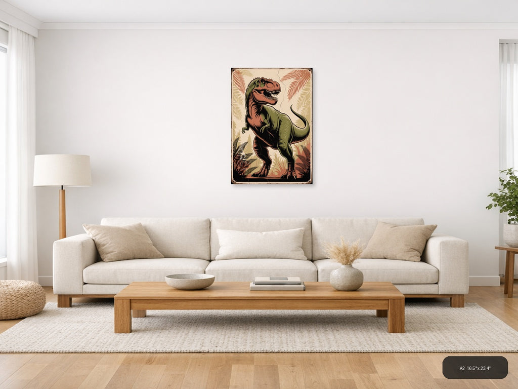 Vintage T-Rex Dinosaur Tropical Fern Wall Art — A2 / Living Room