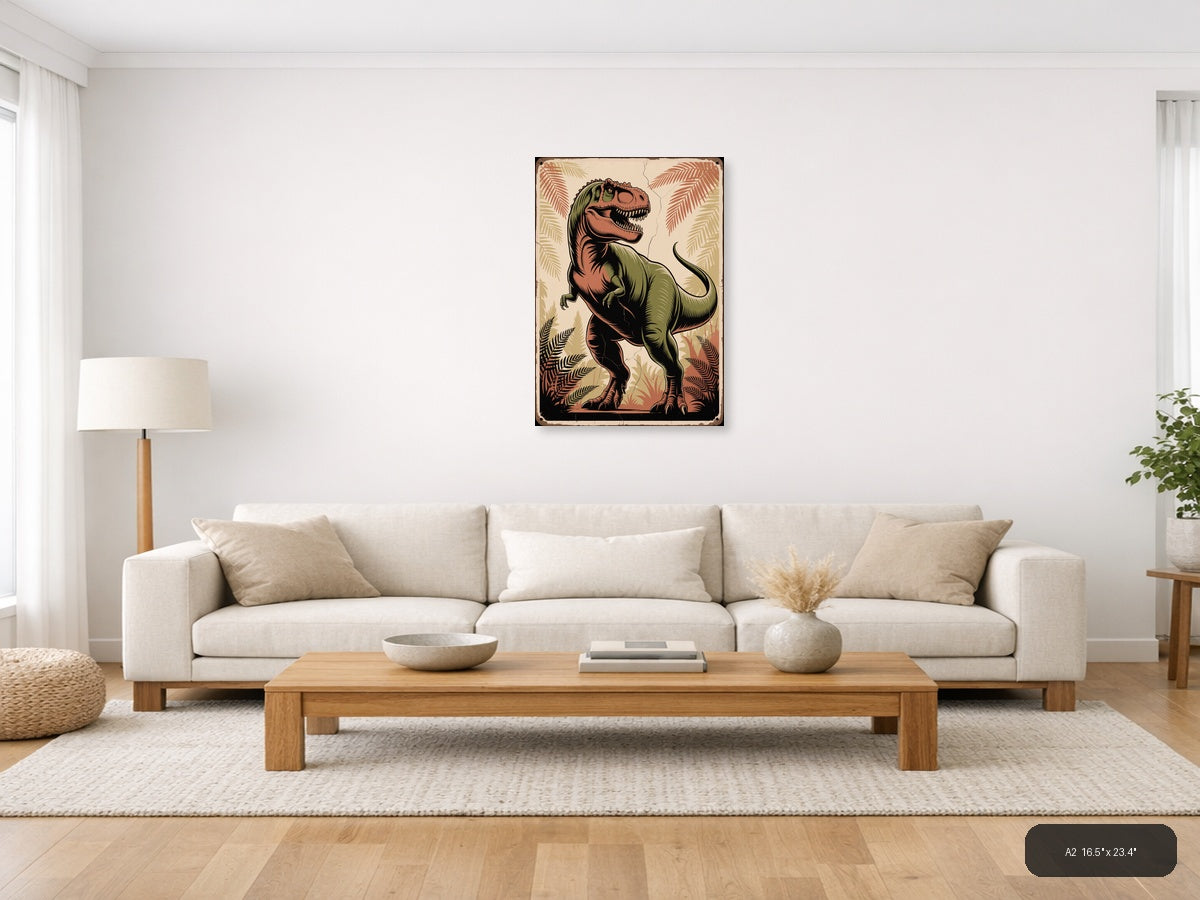 Vintage T-Rex Dinosaur Tropical Fern Wall Art — A2 / Living Room