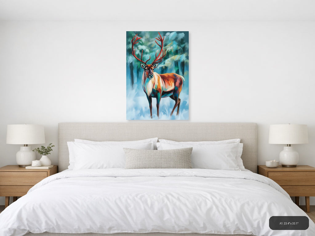 Majestic Red Deer Abstract Winter Forest Wall Art — A1 / Bedroom
