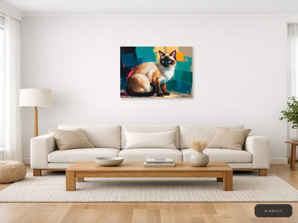 Siamese Cat with Blue Eyes Abstract Modern Wall Art — A3 / Living Room