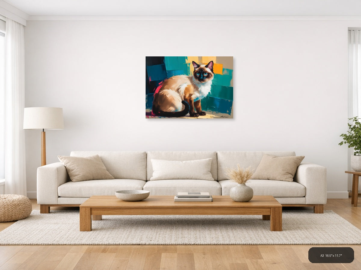 Siamese Cat with Blue Eyes Abstract Modern Wall Art — A3 / Living Room