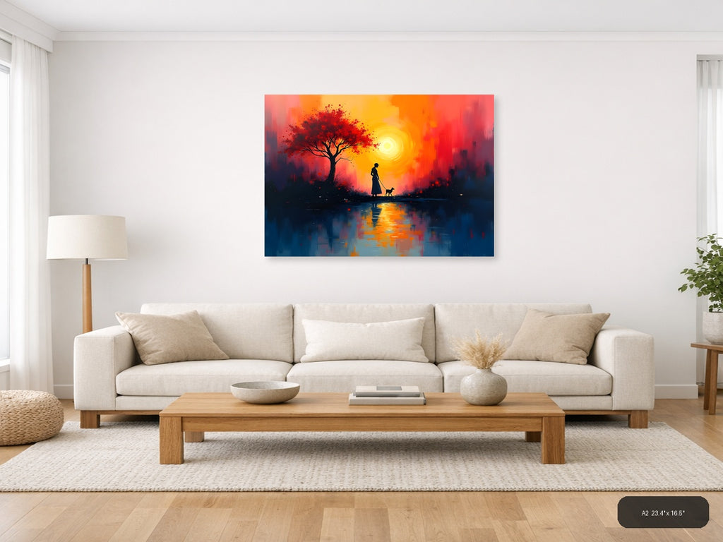 Sunset Woman with Dog & Red Tree Abstract Wall Art — A2 / Living Room