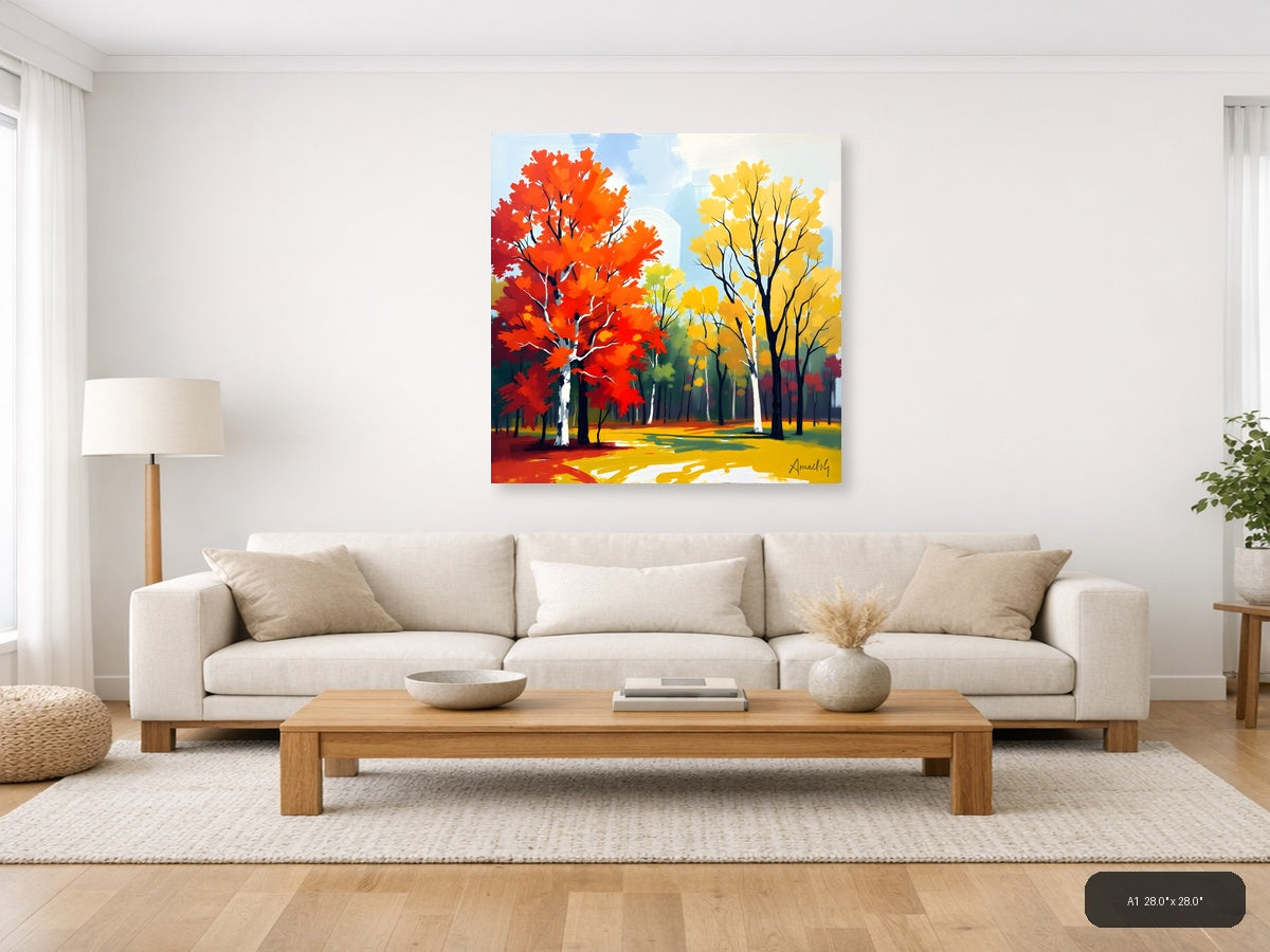 Abstract Autumn Forest with Red and Yellow Trees Wall Art — A1 / Living Room