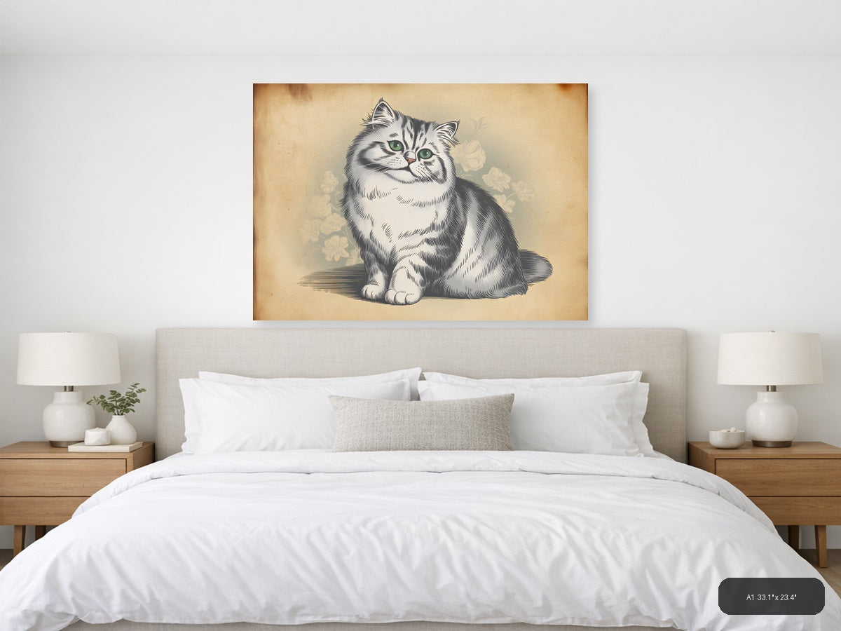 Vintage Fluffy Cat with Green Eyes Illustration Wall Art — A1 / Bedroom