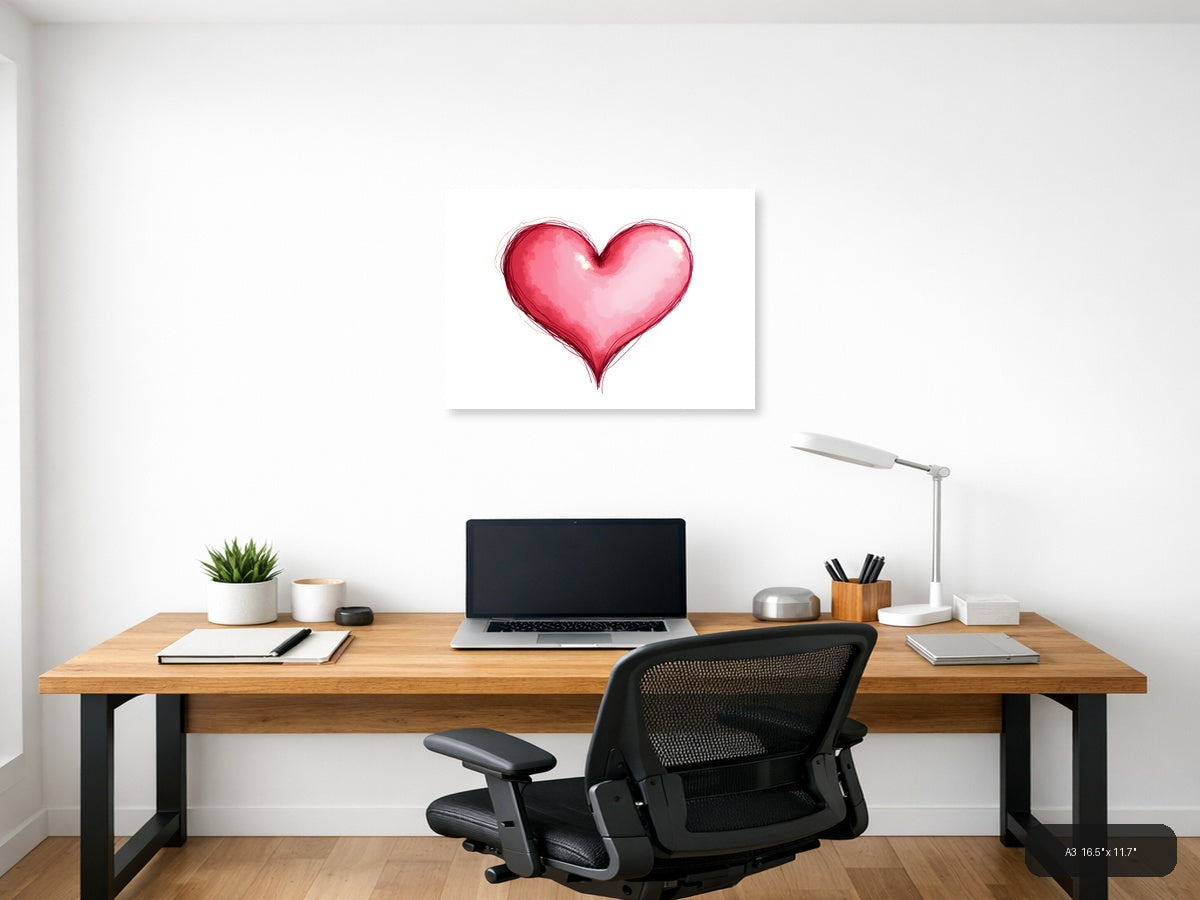 Pink Watercolor Heart Line Art Wall Art — A3 / Office