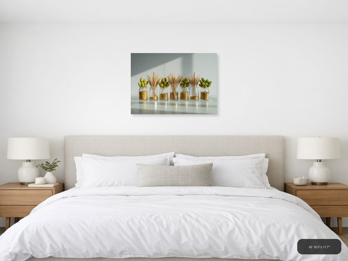 Minimalist Wheat & Hops Jars Still Life Wall Art — A3 / Bedroom